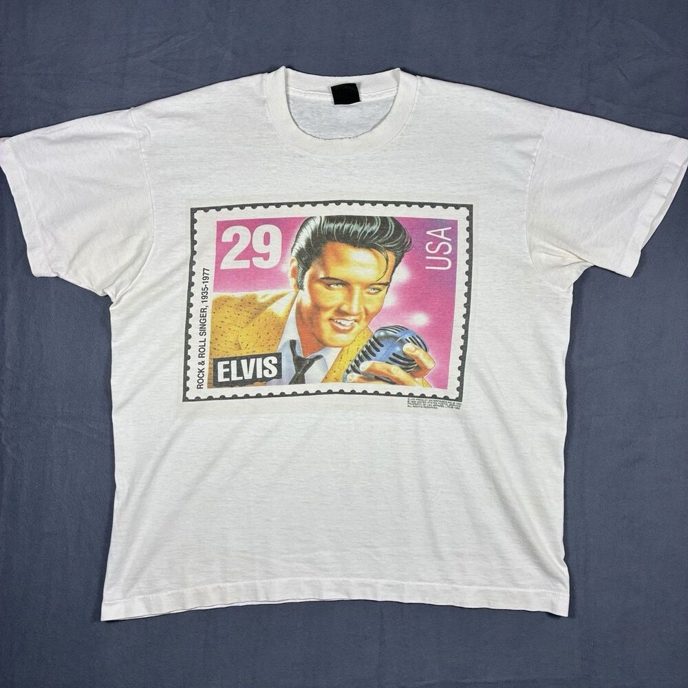 Vintage Fruit of the Loom Elvis Presley Stamp T-Shirt Mens XL White 90s Thin